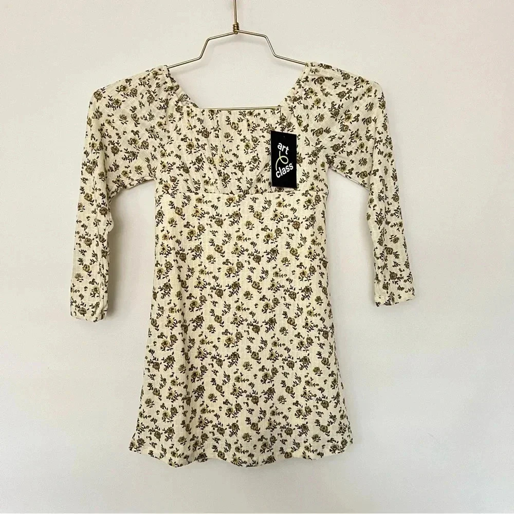 Art Class Peasant Floral Dress Size XS (4/5) Kids Girls Ivory/Yellow Textured